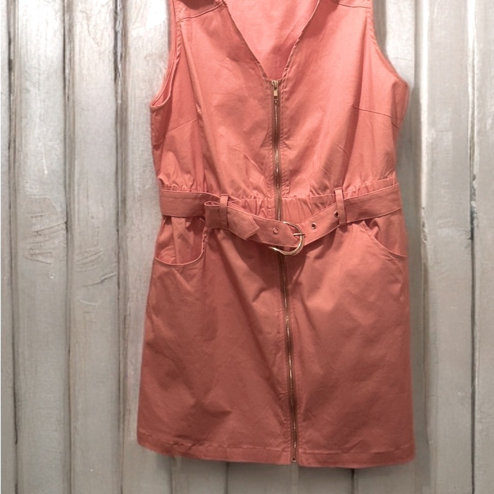 NWT Womens Summer Mini Dress Zip Up V Neck Collared Belted Sleeveless Dress L